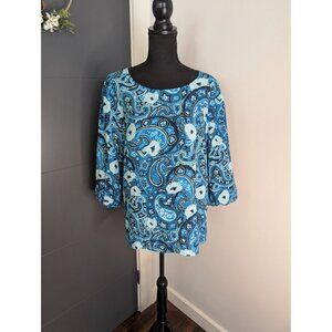 Talbot's Blue and White Paisley and‎ Floral Blouse with Puff 3/4 Sleeves - 1X
